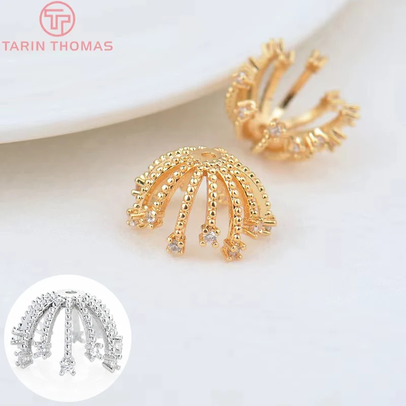(3191) 4PCS 13MM 24K Gold Color Brass with Zircon Flower Bead Caps High Quality Jewelry Making Findings Accessories Wholesales