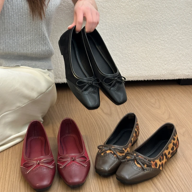 

Женские кожаные балетки с квадратным носком и бантом, повседневные слипоны, лоферы с леопардовым принтом, красные, черные туфли Мэри Джейн для женщин
