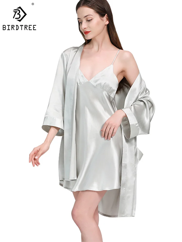 

Birdtree 19Momme 100%Real Silk Sleeping Robe Sling Dress Elegant Women Fashion Night-robe Sets Sleepwear 2024 Spring S3D039QM