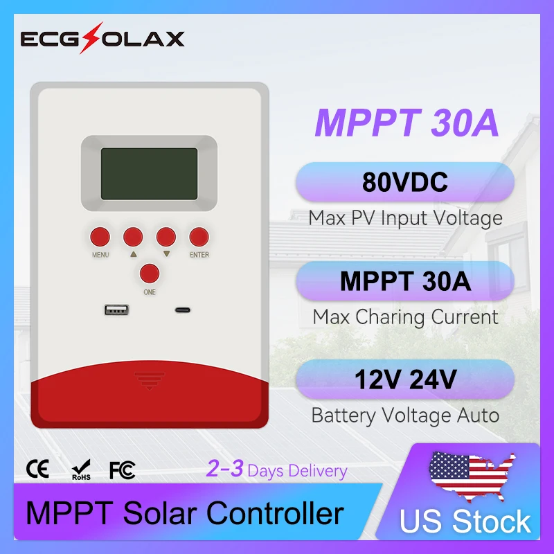 

ECGSOLAX 30A MPPT контроллер заряда солнечных батарей 12В/24В с ЖК-дисплеем, регулятор солнечных панелей, макс. входное напряжение 100В DC
