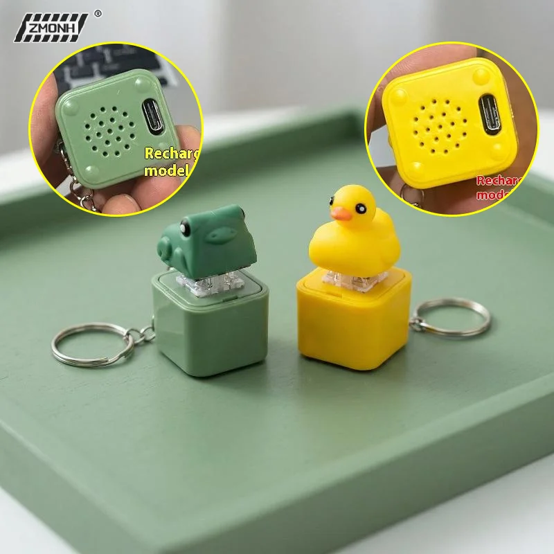 [H]1pc Funny Croaking Frog Duck Keychain Rechargeable Keyboard Fidget Clicker Sound Keyring With LED Light For Stress Relief