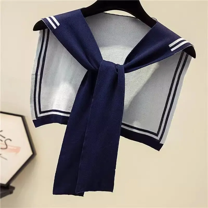 Korean College Navy Stripe Wool Knit Shoulder Cape Knotted Warm Overlapping Shawl Women Summer Neck Scarf