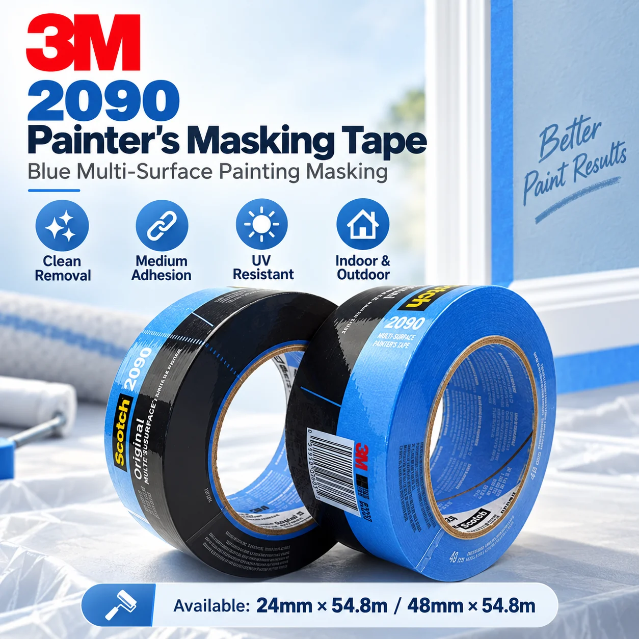 3M 2090 Blue Painter's Masking Tape Multi-Surface Clean Removal UV Resistant For Walls Glass Trim 24/48mm x 54.8m
