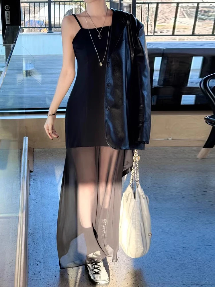 Liangliang Summer New Sle Colletto quadrato Dr da donna Splicing Me Strap Long Dr Vita alta Versione coreana Svel