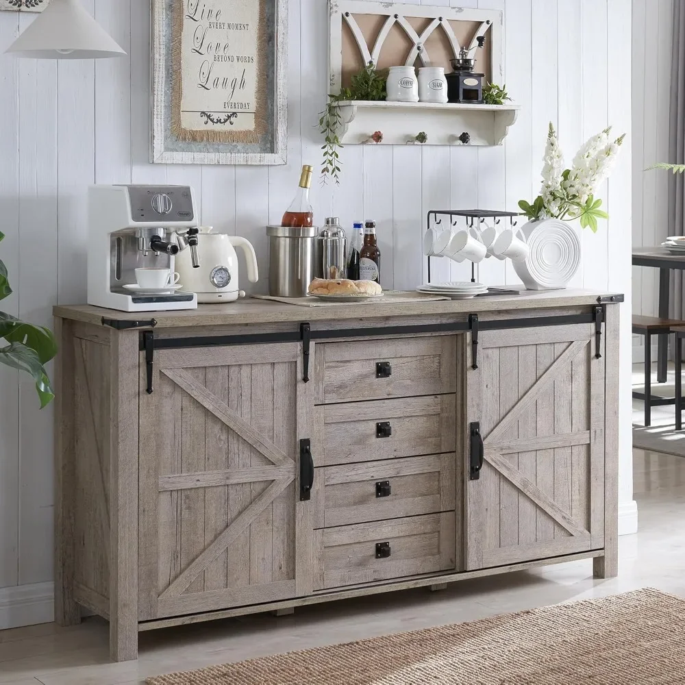 

60" Large Kitchen Cabinet with Sliding Barn Doors and 4 Drawers - Rustic Wood Coffee Bar Table in Light Rustic Oak - 31.2" Tall