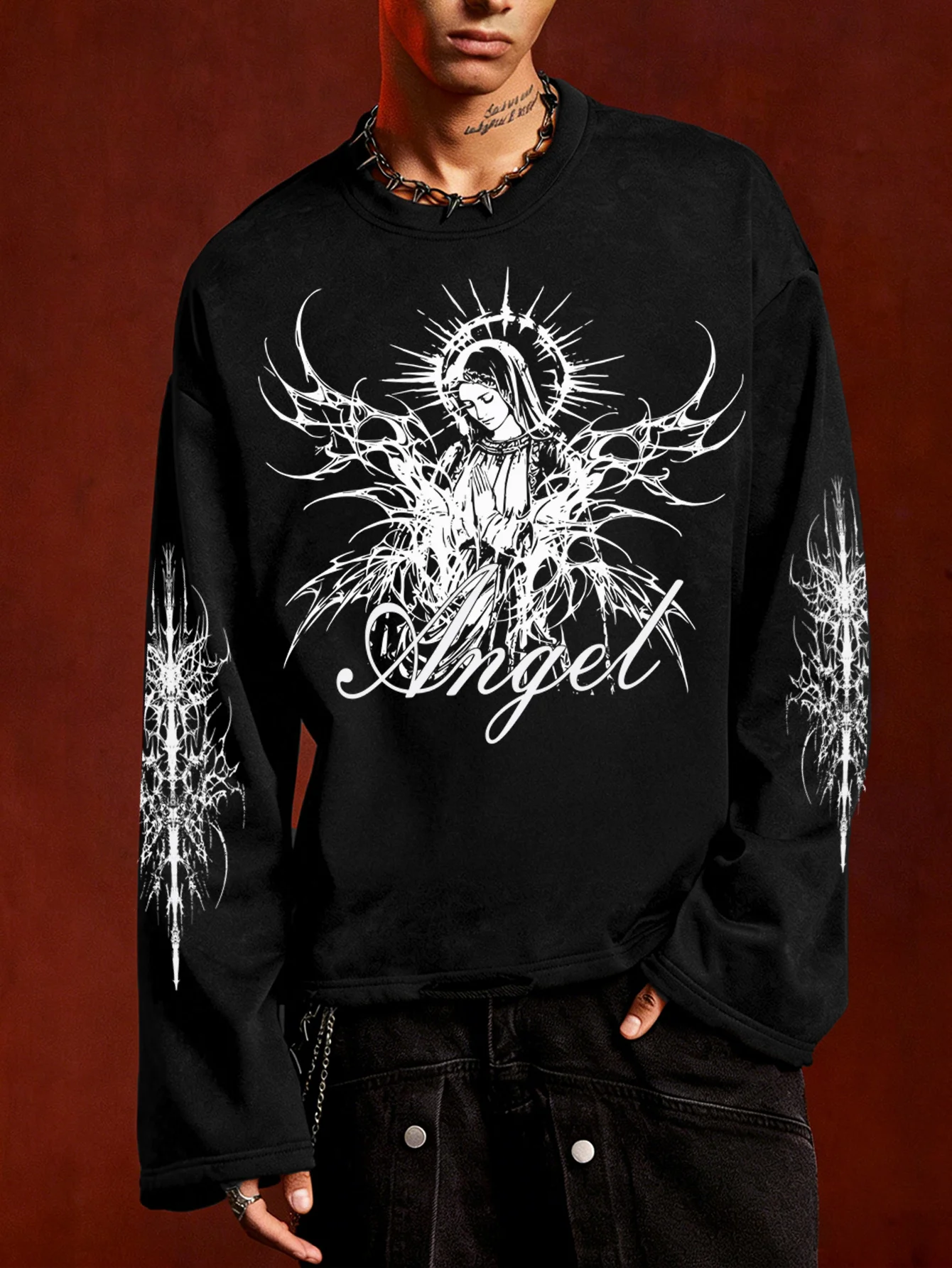 Y2k Gothic Angel Printed Top Loose and Slim Versatile Bottom Shirt, Casual Sports Long Sleeve T-shirt Top