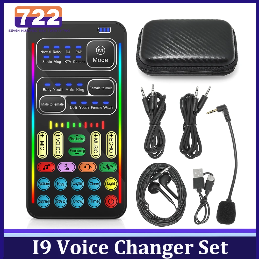 

i9 Voice Changer + наушники + микрофон Мини-живая звуковая карта Аудиоэффект Портативное оборудование Bluetooth-совместимое голосовое оборудование
