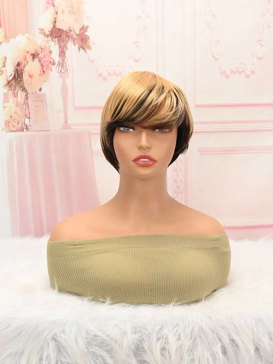 Gradient Highlight Short Bob Wig Side Fringe Glueless Office Party Synthetic Wig
