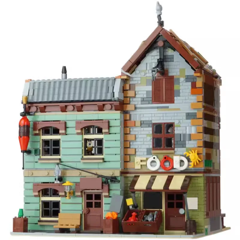 MOC Vintage Fishing Grocery Street Blocks Chinese Brand DIY Educational Bricks Scene Display Holiday Gifts