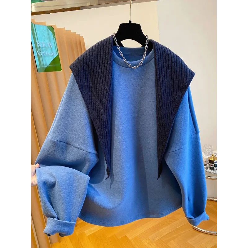 Blauw gebreide sjaal plus fleece sweatshirt voor dames herfst en winter losse casual top met ronde hals