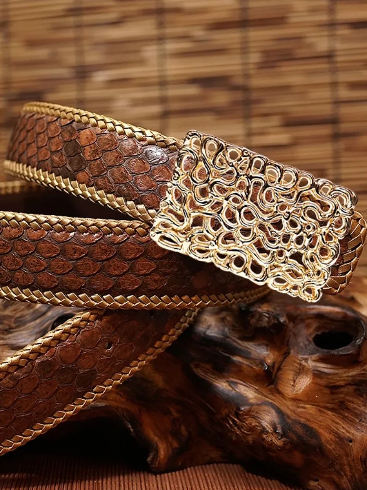 Luxury Mens Genuine Leather Snake Skin Belt Long Business Casual Fashion Weave Serpentine Belt Male