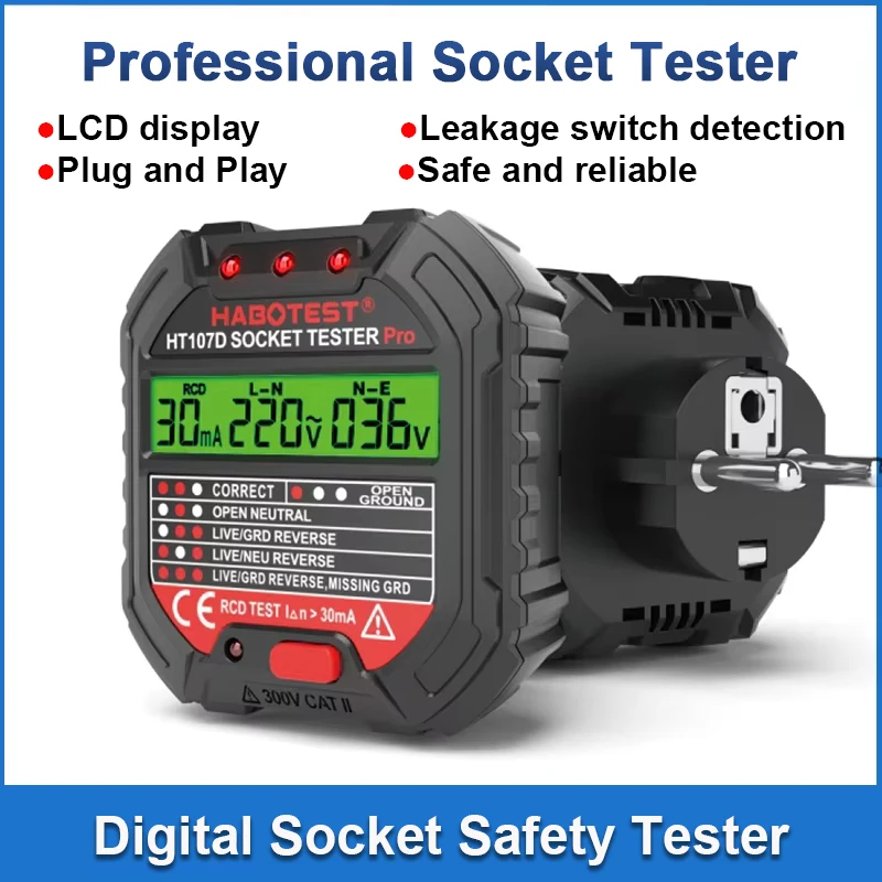 HT106D HT107D Socket Tester Pro Voltage Test Digital Outlet Socket Detect EU Plug Ground Zero Line Plug Polarity Phase Check