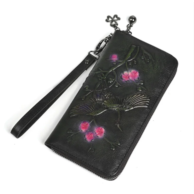 

Plum blossoms flying cranes Engraved Clutches Women Wallet Retro Genuine Leather Wallet New Wristband Zipper Cell Phone Bag