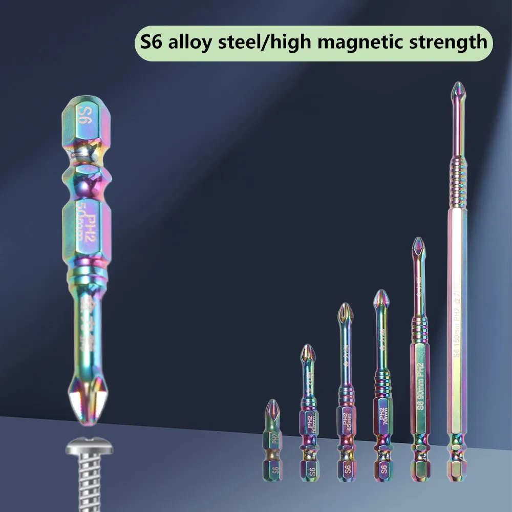 6/8PCS S6 컬러풀 티타늄 마그네틱 비트 헤드 논슬립 고경도 십자 드라이버 비트 육각 정밀