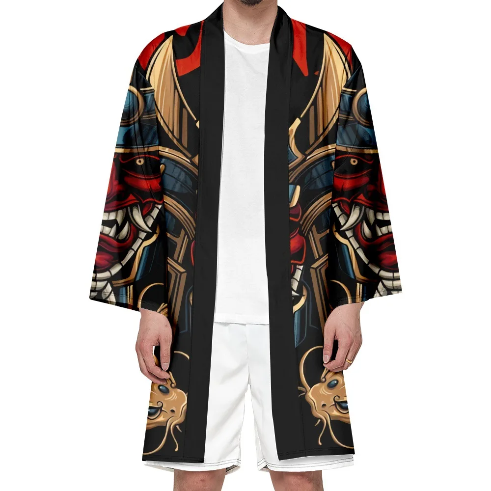 Kimono Demon Print Cardigan Yukata Men Long Kimono Samurai Harajuku Japanese Streetwear Clothing Jacket Obi