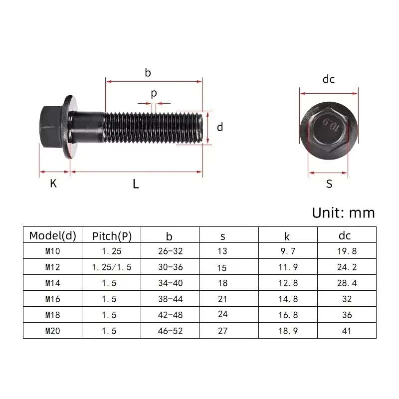 M10 M12 M14 M16 Grade 10.9 Black Carbon Steel Outer Hexagon Flange Bolt Flange Cap Screw Bolt Fastener Thread Pitch 1.25/1.5mm