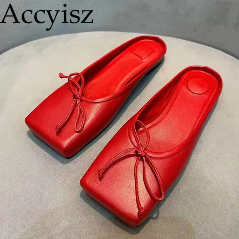 

Square Toe Flat Bottomed Shallow Mouth Slippers Genuine Leather Bow Sandals Spring Autumn Minimalist Versatile Vacation Shoes