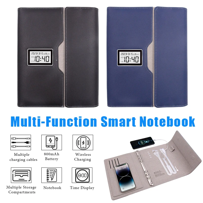 

Multi-Function Notebook 8000mAh Wireless Charging 3-in-1 Cable and Card Slots A5 Clock Notebook for Business Office Travel