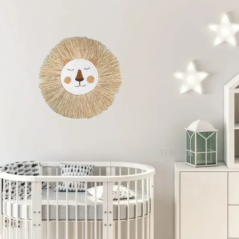 INS Nordic Handmade Lion Wall Decor Cotton Thread Straw Woven Animal Head Wall Hanging Ornament for Nursery Baby Room Decoration