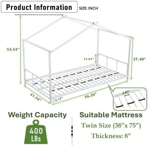 Roof Design for Kids, Girls, Boys,Montessori Floor Bedframe for Small Space,Easy Assembly & No Box Spring Needed, White