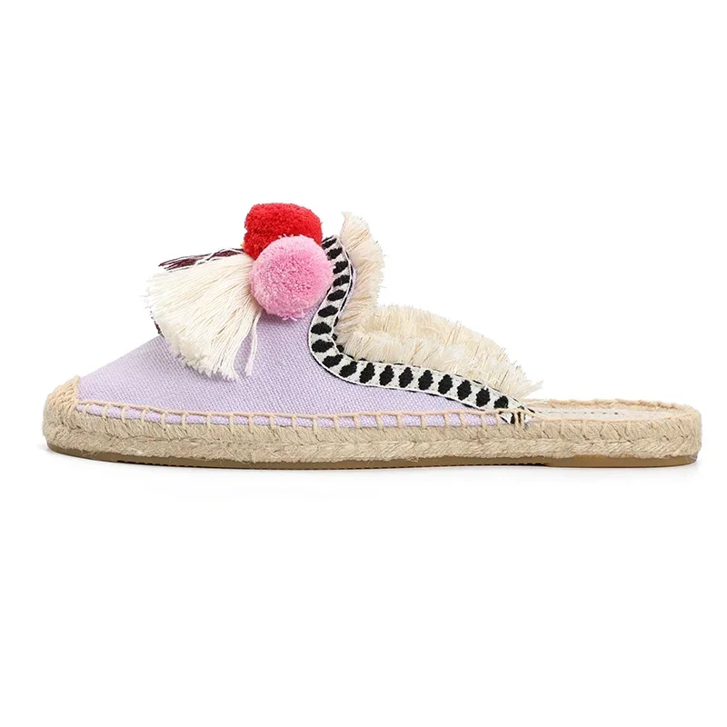 Outdoor Women\'s Slippers Fluffy Ball Mule Slides Sale Rubber Hemp Shoes Outside Autumn women sandals