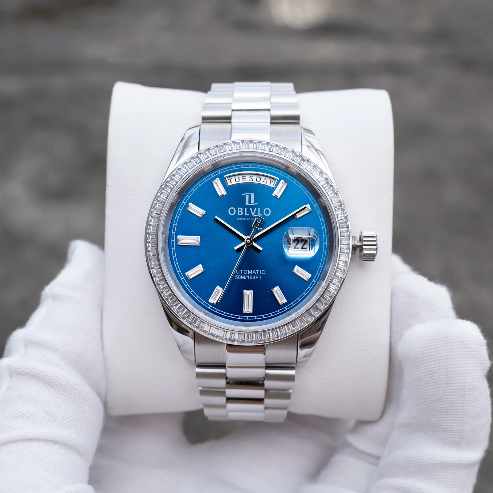 OBLVLO Men's Rose Gold Watch Classic Mechanical Diamonds Bezel Blue Dial Date & Day Display Automatic Miyota 8215 Movement