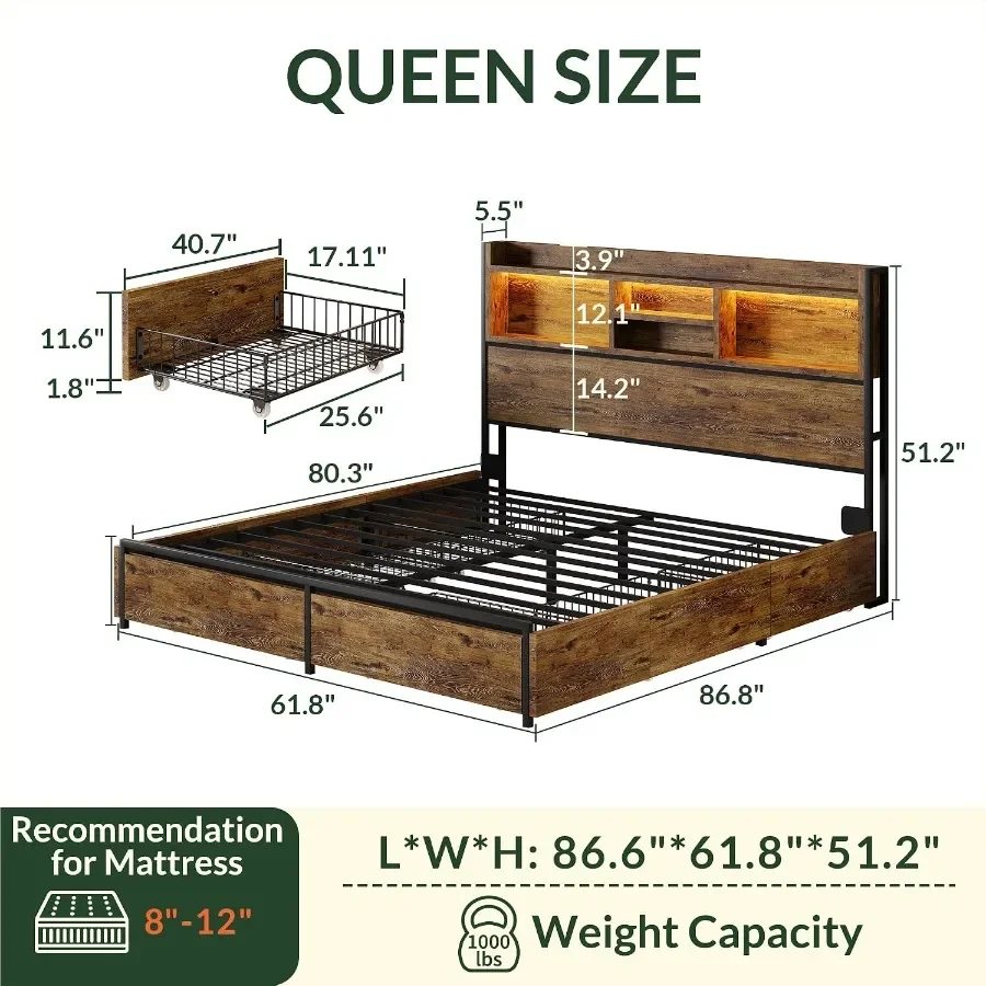 Queen Size Bed Frame with 6 Storage Drawers and Headboard Wooden Platform Bed Frame with LED Lights and Charging Station Easy A