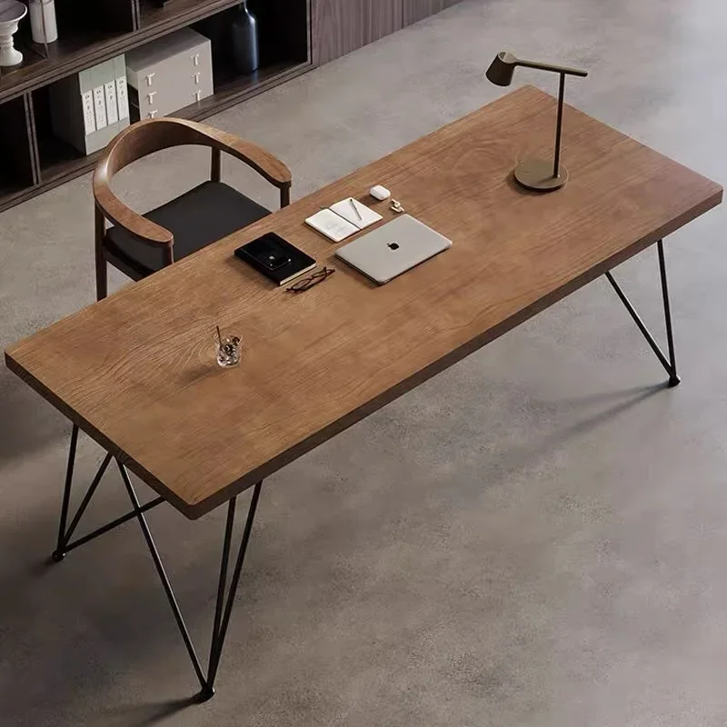 Modern Executive Desk for Home Office, Rustic Simple Computer Laptop Desk with Strong Metal Legs, Wood Study Writing Table