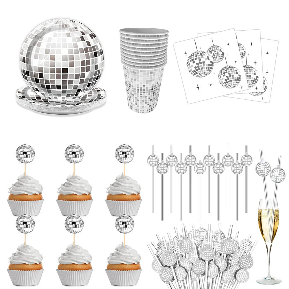 Disco Party Decorations 70s 80s Silver Disco Party Tableware Disco Ball Cupcake Toppers  Napkins Paper Plates Cups