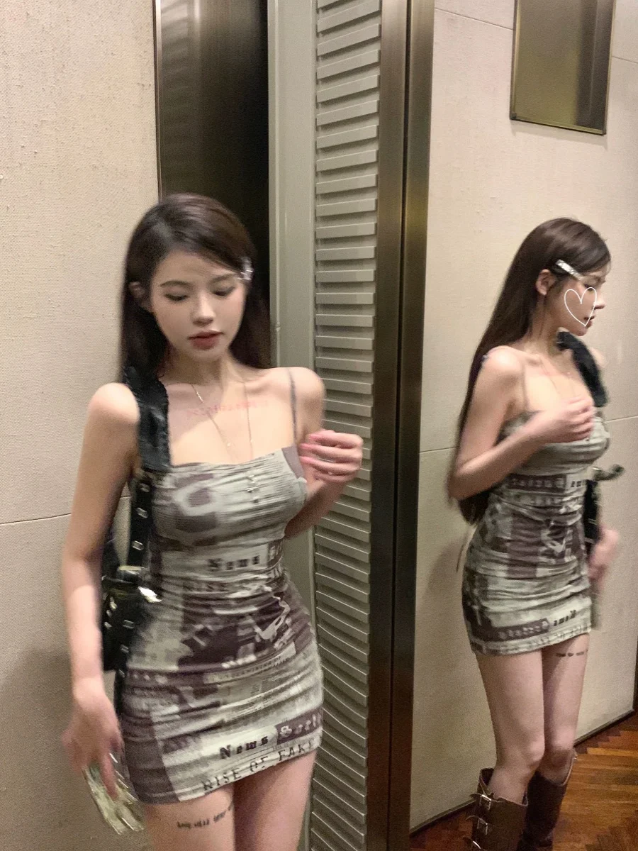 Sexy American Sle ort Dr Women's Tight Fit Bodycon Summer New Design Newspaper Print Hot Girl  Skirt One oulder