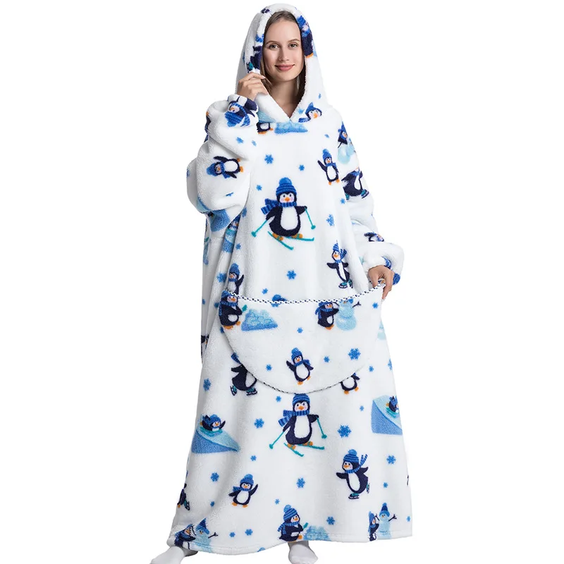 Flannel Hoodies with Cartoon Penguin, Super Long Hooded Blanket, Flannel Pajamas, Lazy TV Blanket, Luxury, Oversized, Winter