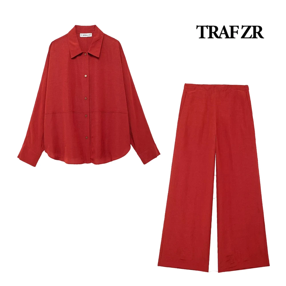 

TRAF ZR Women's Linen Two-piece Set Minimalist Pant Sets Long Sleeve Turn-down Collar Shirt + Wide Leg Pants Side Zipper Fly