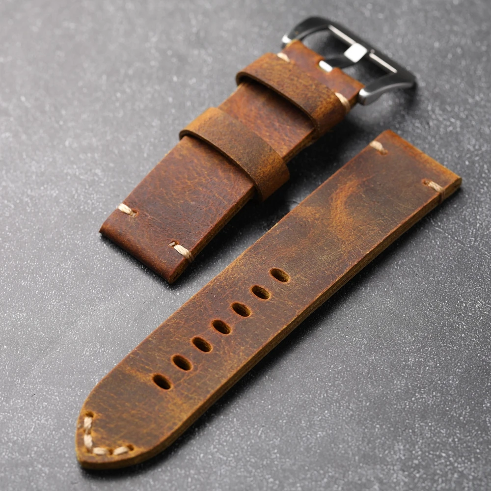 Handmade Thick Brown Leather Strap 24MM Vintage Soft Old Bracelet For PAM111 441 44mm Dial Men Watchbands