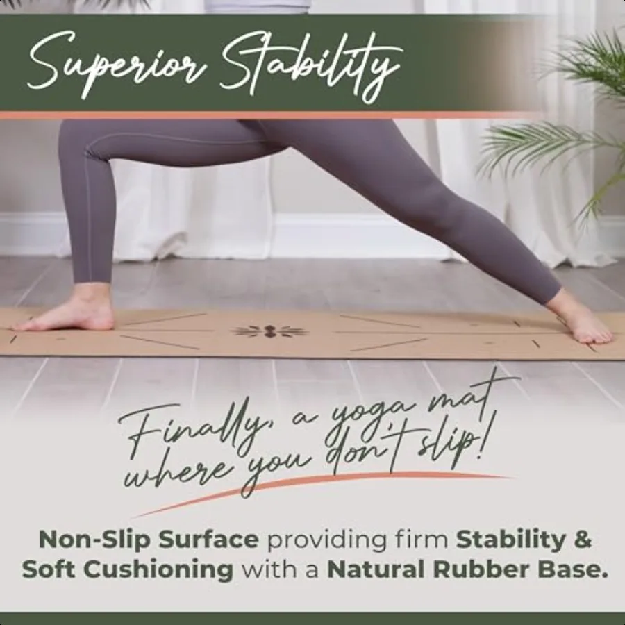 حصيرة فلين اليوغا الممتازة بقاعدة مطاطية شجرة طبيعية سميكة 5 مم وحصيرة أكبر لخطوط محاذاة المنفذ الإضافي للتوجيه غير القابل للانزلاق #4