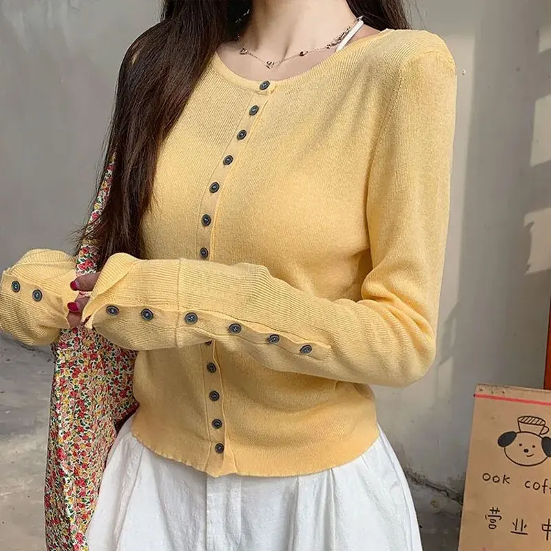 Autumn Solid Color Knitted Cardigan Slim Casual O-Neck Women's Clothing Aura Slim Single-breasted Basic Long Sleeve Sweaters - Image 6
