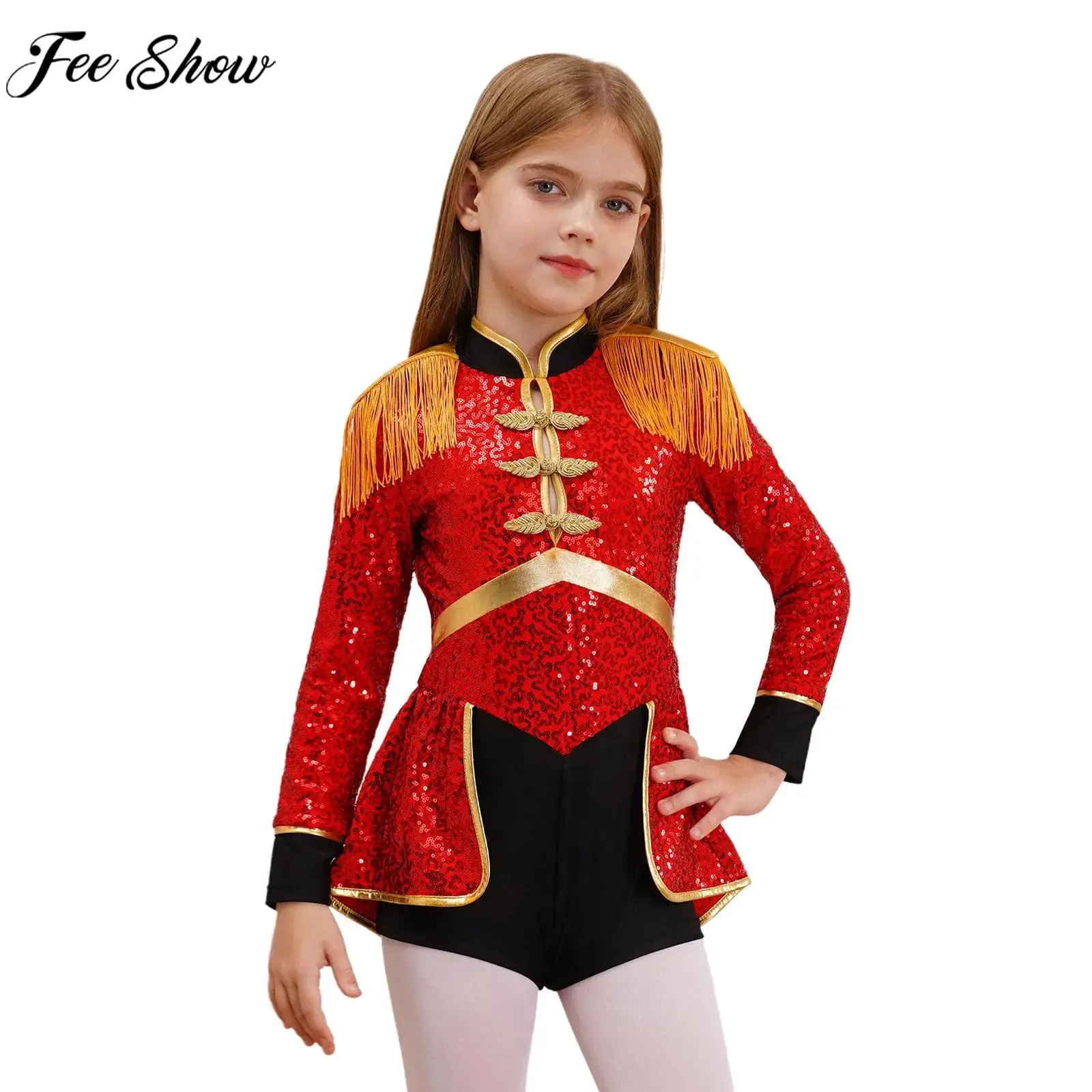 Kid Girl Circus Ringmaster Magician Dress Up Clothes Long Sleeve Sequin Bodysuit Drum Band Parade Uniform for Halloween Cosplay