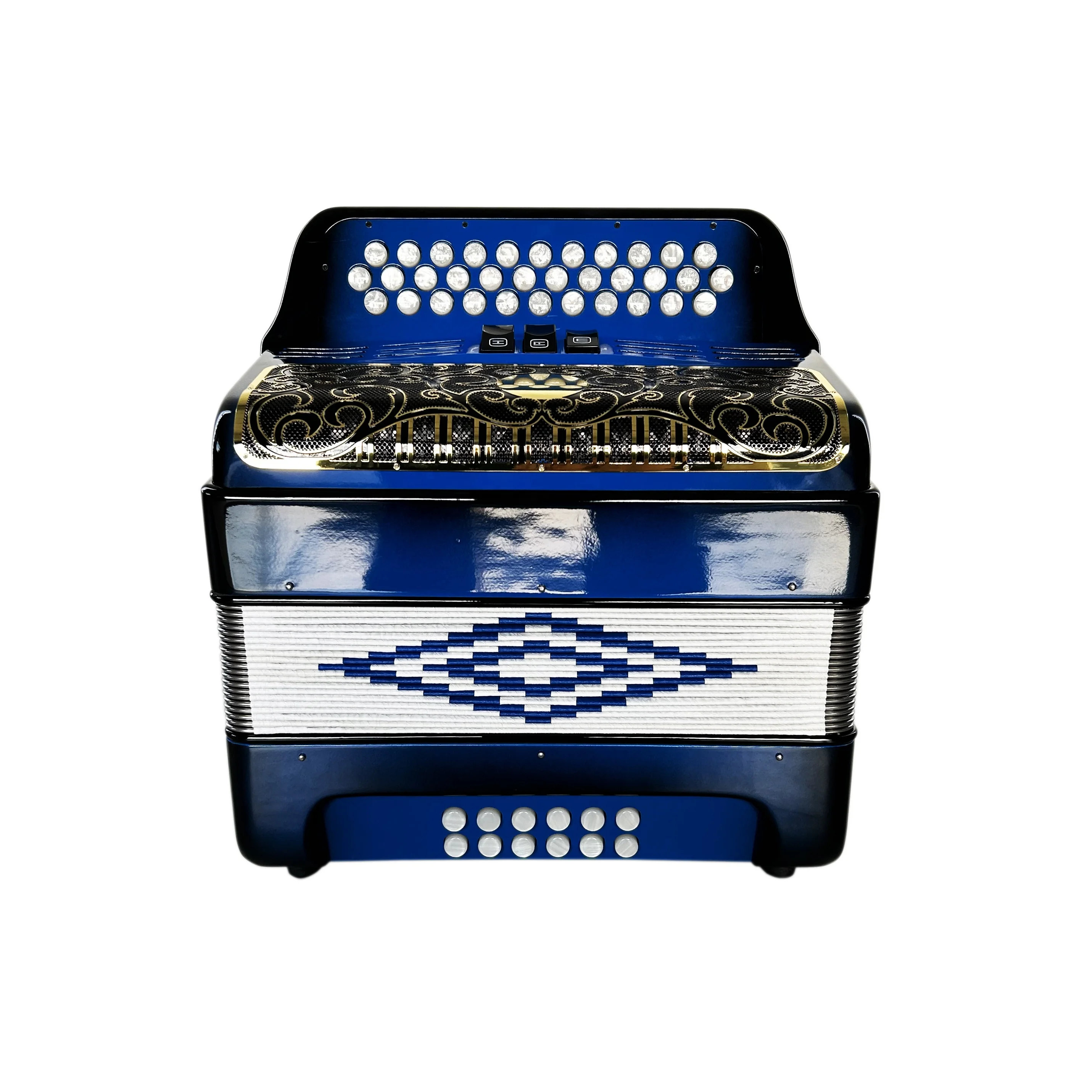 Diatonic Accordion 34-Button 12-Bass 3-Register JB3412C Blue Black Body White Buttons With Gold Grill Made Of Wood