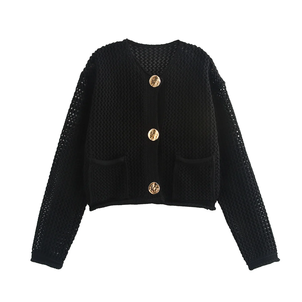 

Autumn Long Sleeve Top Knitted Gold Button Up Cardigans Woman Vintage Clothes Cropped Sweaters With Double Pockets Korean Style