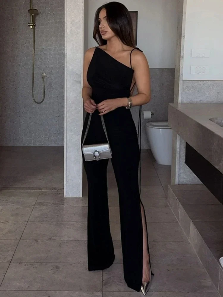 Black Halter Bandage Backless Playsuits Rompers Women Summer Elegant Evening Jumpsuit Long Split Sleeveless Jumpsuits