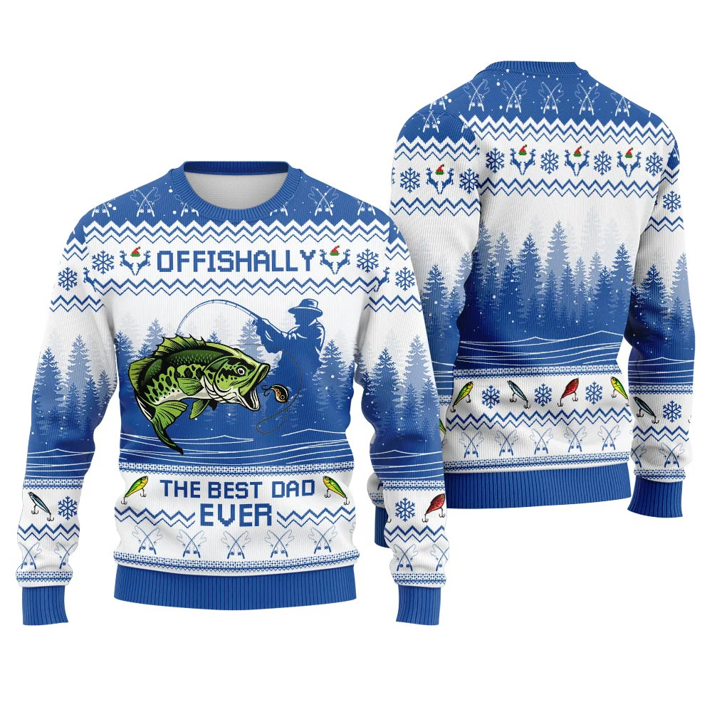 Offishally The Best Dad Ever Fishing Print (Bass  Angler) Winter Ugly Hoodie Women's Casual Pullover Harajuku Festive Streetwear