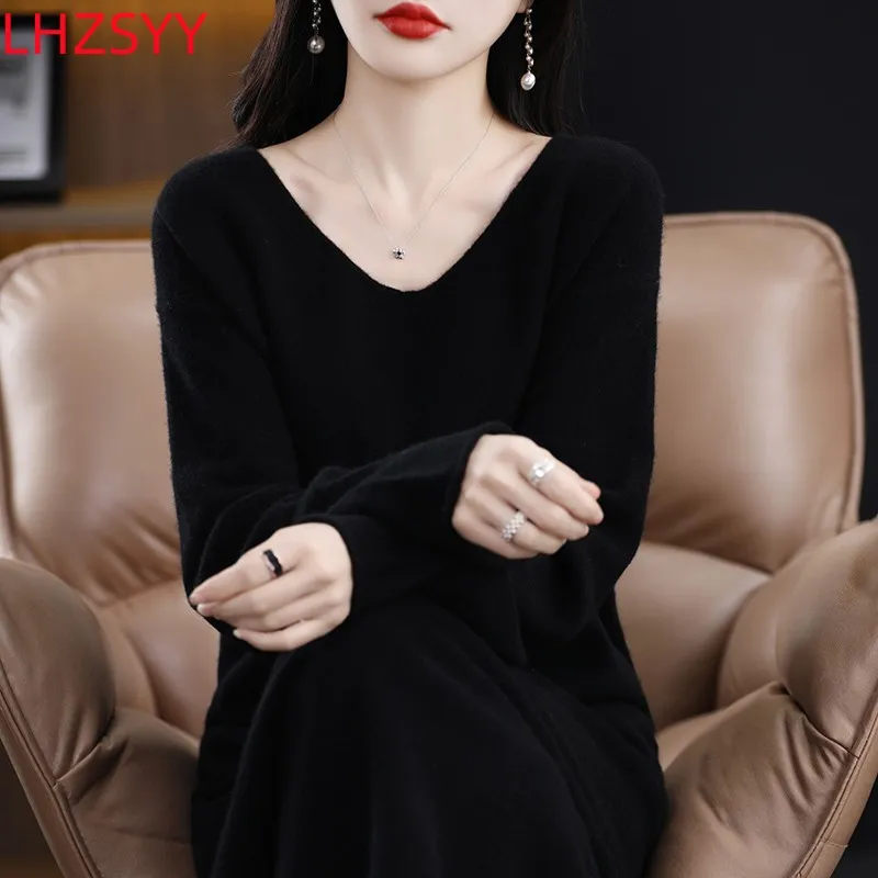 LHZSYY Fashion Women\' V-Neck Two Piece Dress 100%Pure Wool Pullovers Knit Half Skirt Spring New Large Size Cashmere Suit Sweater