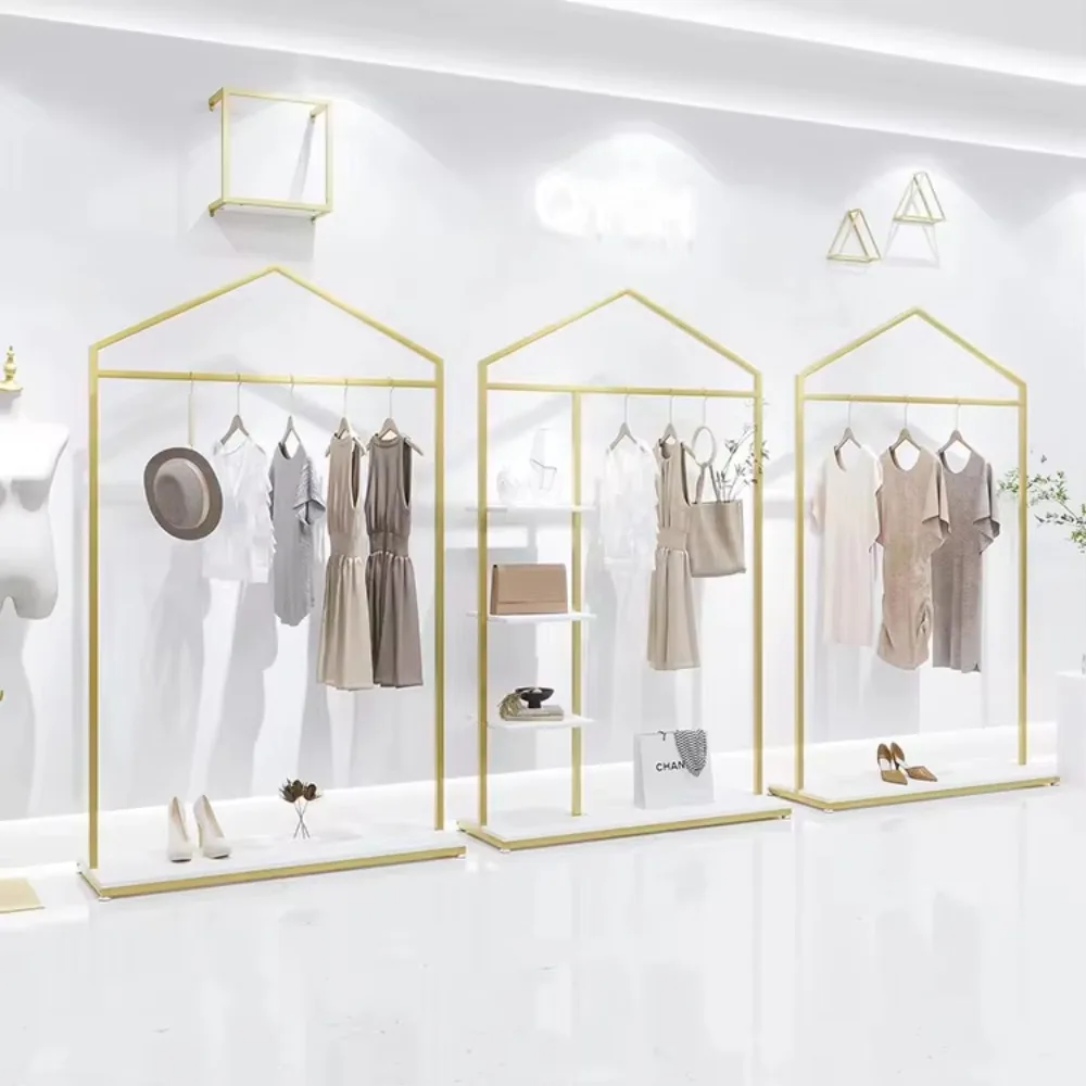 Polished Gold Stainless Steel Clothes Rail and Display Multilevel Shoes Bag Garment Rack Coat Hanger Stand Clothes New Design