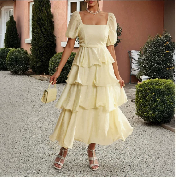 

Women's Beach Dress 2025 Spring Summer Latest Style Casual and Elegant Cake Skirt with Bubble Sleeves and Black Fun Edge Dress
