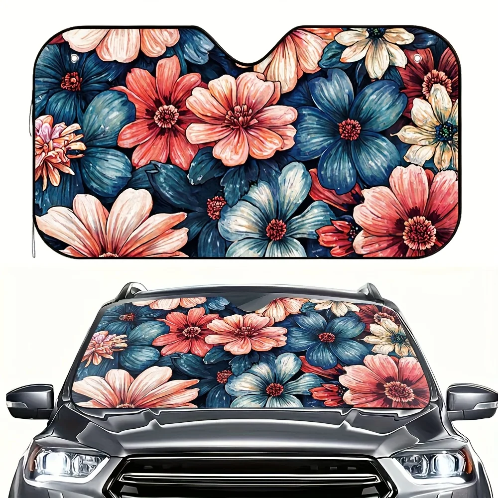 1pc Vibrant Floral Mosaic Car Windshield Sun Shade - Fit Front Windows, Heat-Resistant Fabric Blocks Sunlight & Glare, Includes