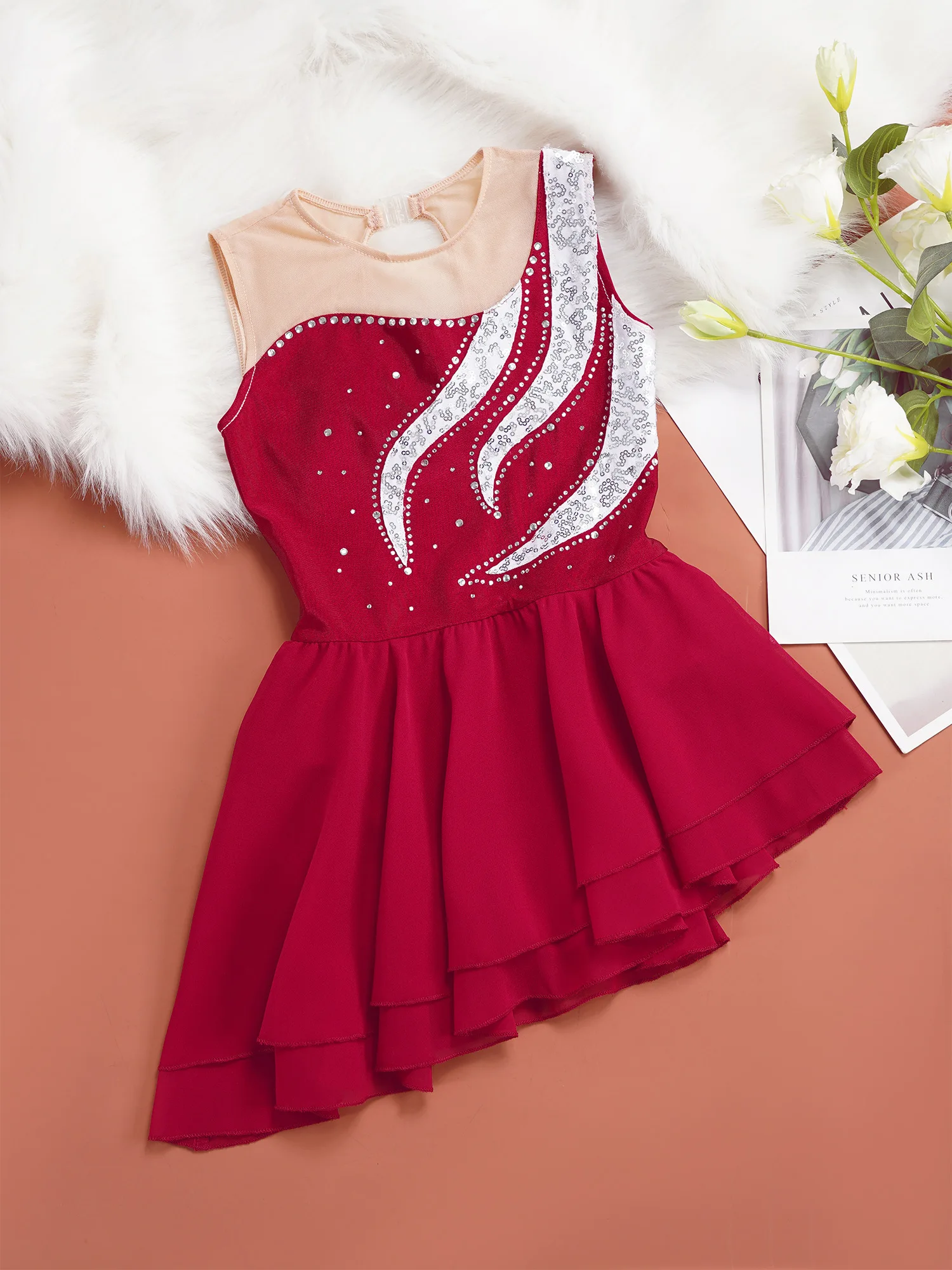 Kids Girls Mesh Splice Chiffon Ballet Dance Leotard Hollow Back Dress Dancewear Sequin Rhinestone Figure Ice Skating Costume