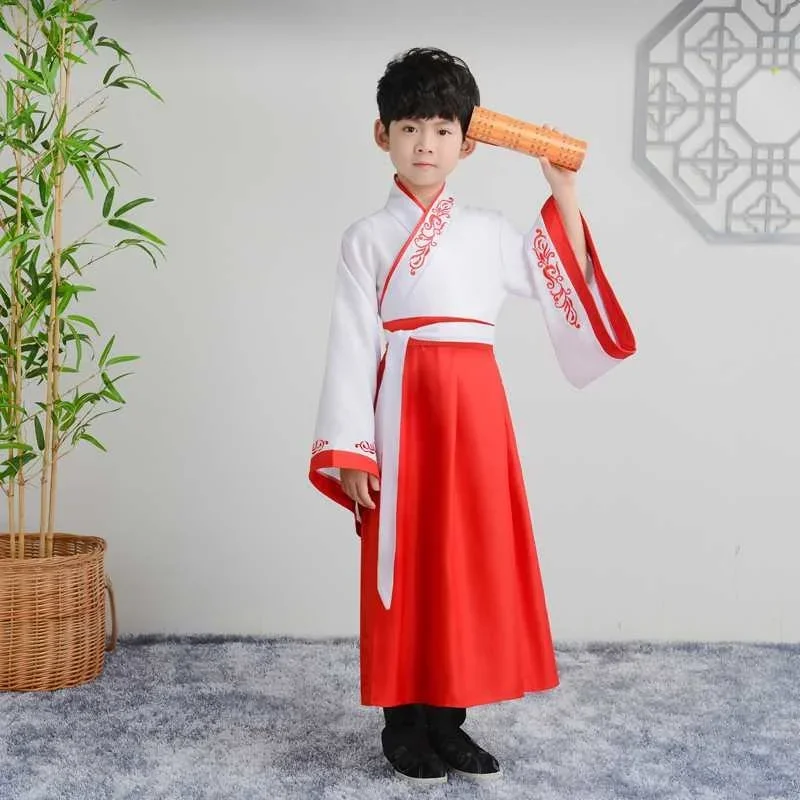 فستان Hanfu للأطفال ، الملابس الصينية التقليدية ، والأزياء القديمة ، والرقص الشعبي ، وأداء المرحلة ، والأولاد والفتيات ، والثقافة تانغ