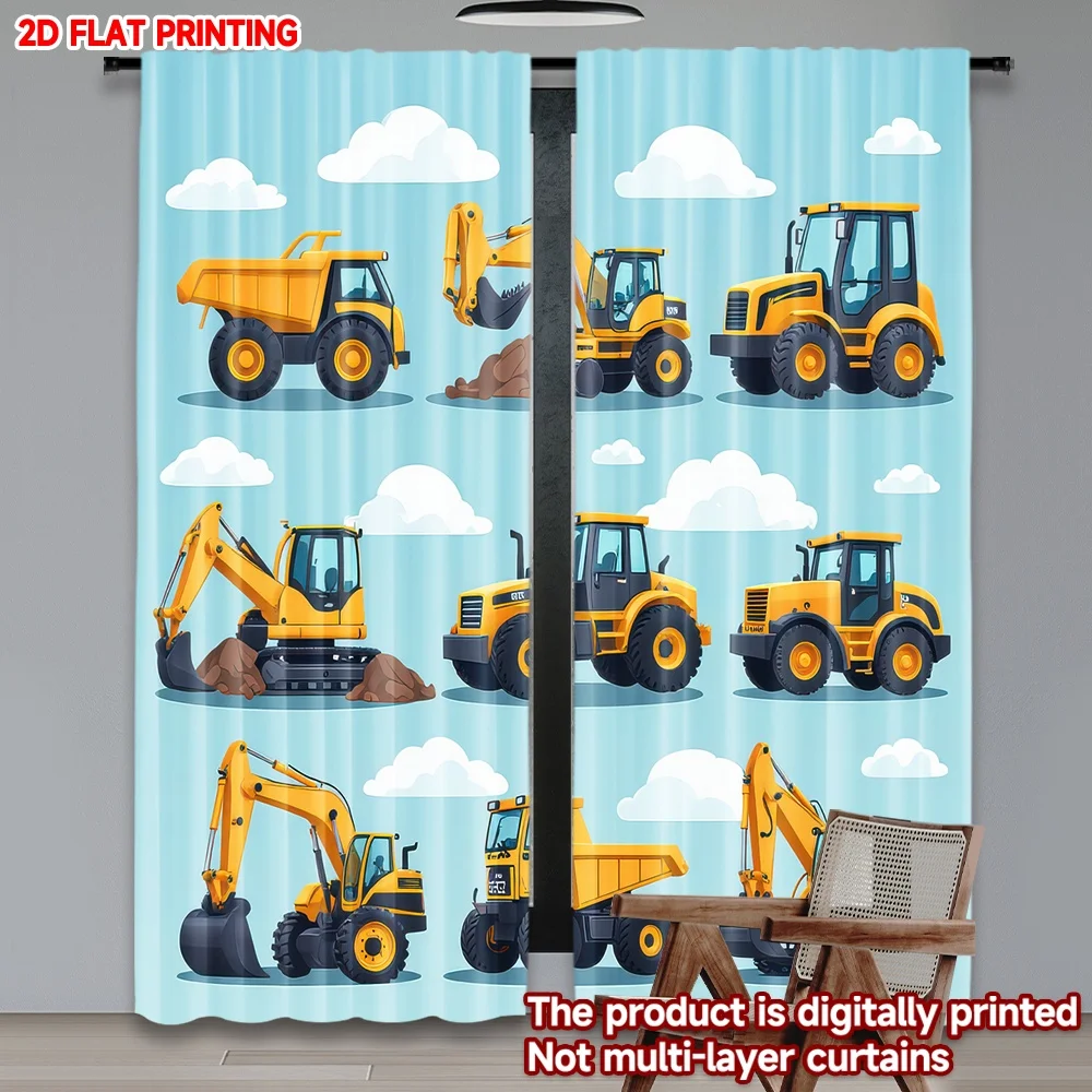 

2D flat printing 2pcs Party Curtains Yellow Construction Vehicles Digital Printed Polyester Drapes Family Party Decoration for