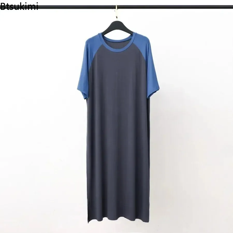 New Men's Soft Modal O-neck Sleepwear Nightgown Patchwork Robes Mid-long Knee Length Loose Home Clothes Loungewear for Men Dress