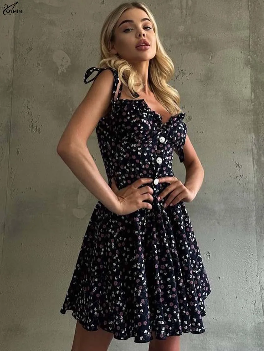 

Oymimi Fashion Black Print Dresses 2025 Woman Elegant Spaghetti Strap Ruffled Button Dress Summer High Waist Pleated Mini Dress