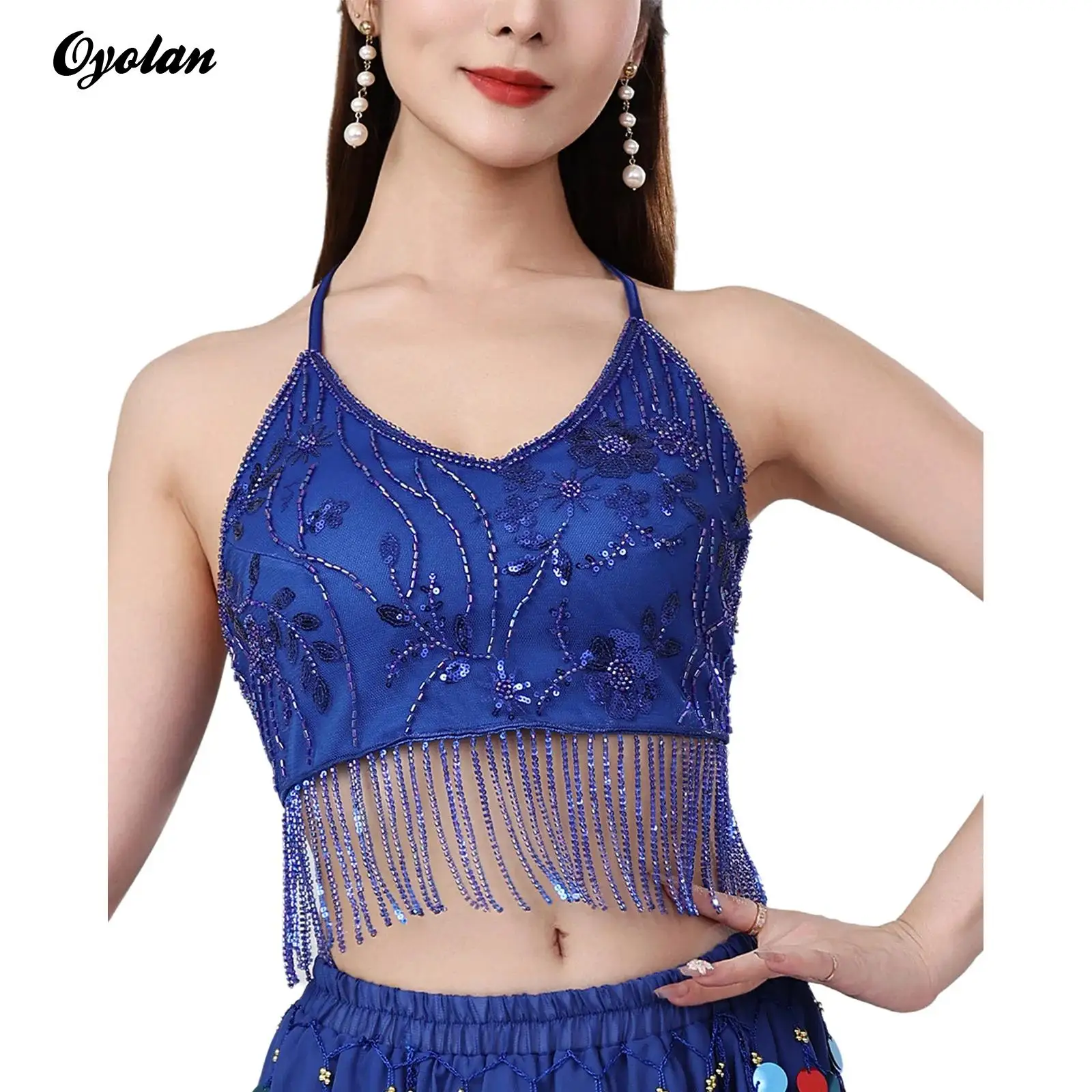 

Womens Belly Chacha Salsa Ballroom Dance Tops Performance Costume Glittery Tassel Halter Fringe V Neck Lace-up Cropped Top